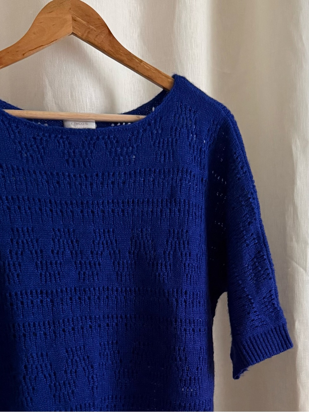 Chico’s Wool Mohair Open Knit Sweater 3 XL Royal Blue Pointelle Elbow Sleeve